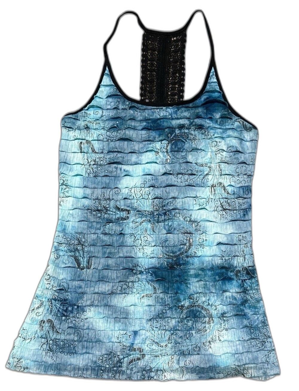Studio Y Y2K Blue Black Lace Tank Top Womenโs Medium Ruched Ruffle Cami